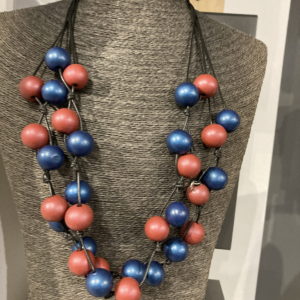 Burgundy And Blue Wooden Ball Necklace