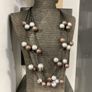 Silver And Brown Wooden Ball Necklace