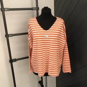 Orange And White V Neck Stripe Top With Sequin Star